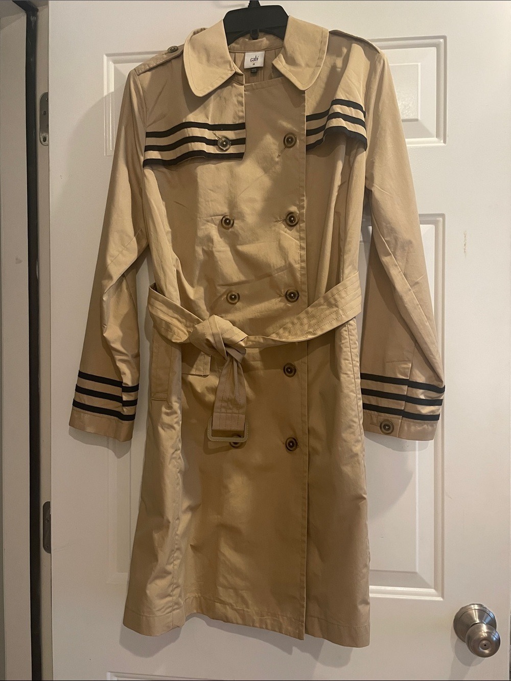 CAbi Khaki Trench Coat with Black Stripe Detail